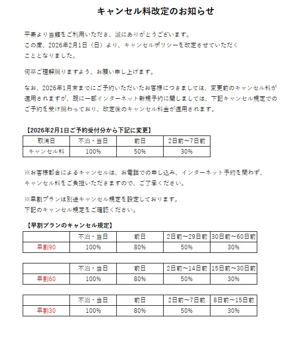 キャンセル規定改定